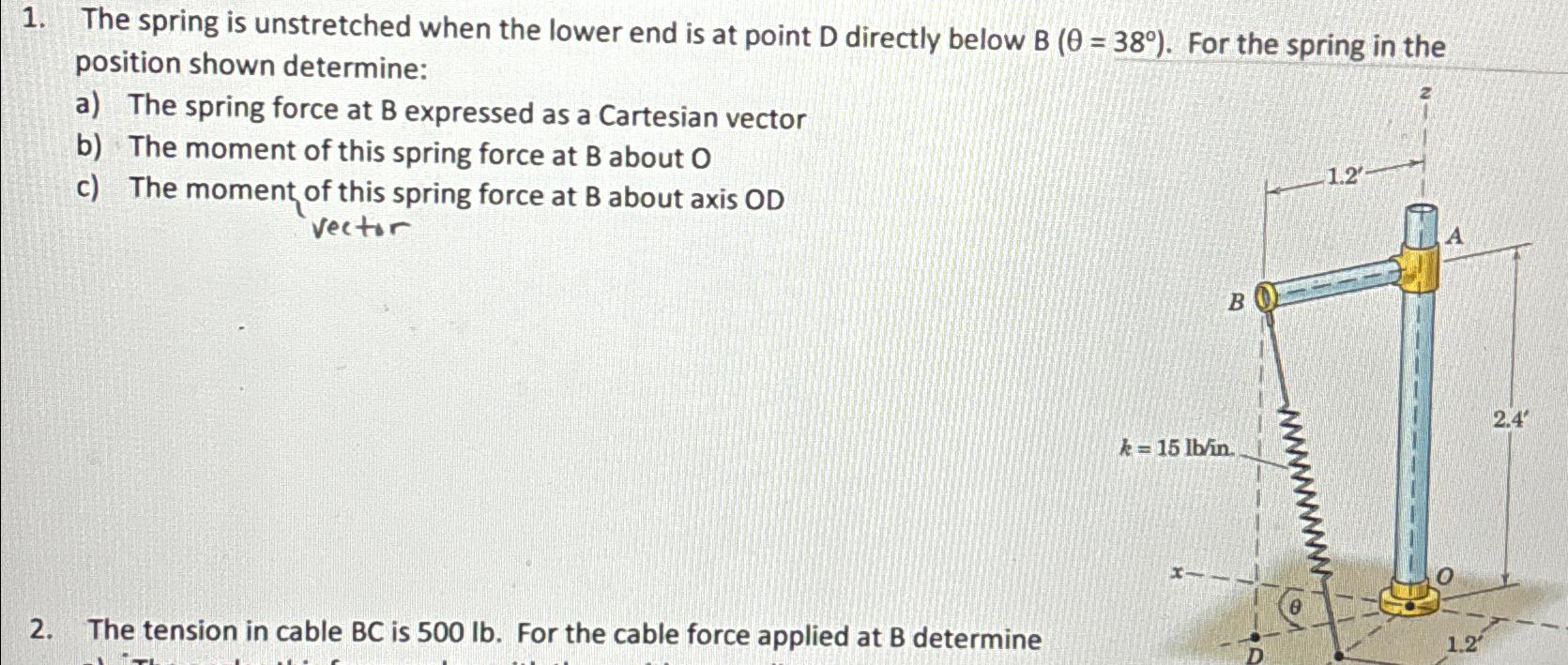 The spring is unstretched when the lower end is