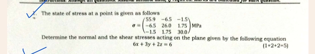 The state of stress at a point is given as