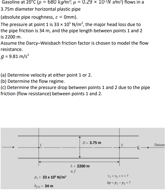 Gasoline at 2 0 C ( = 6 8 0 k g m 3 ; = 0 . 2 9 1
