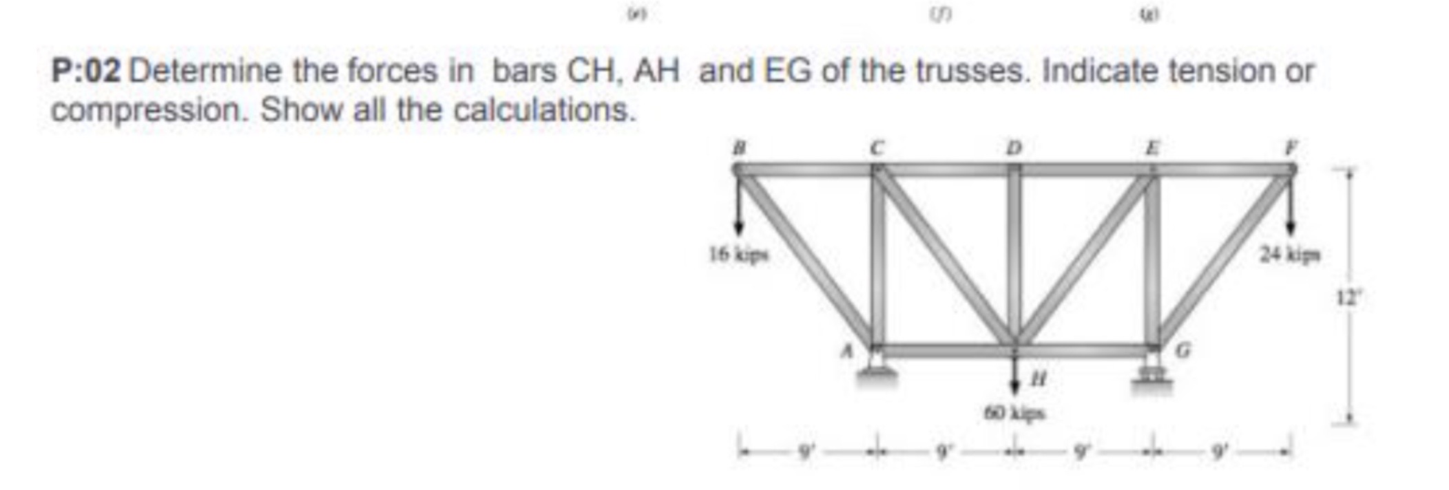 P : 0 2 Determine the forces in bars C H , A H