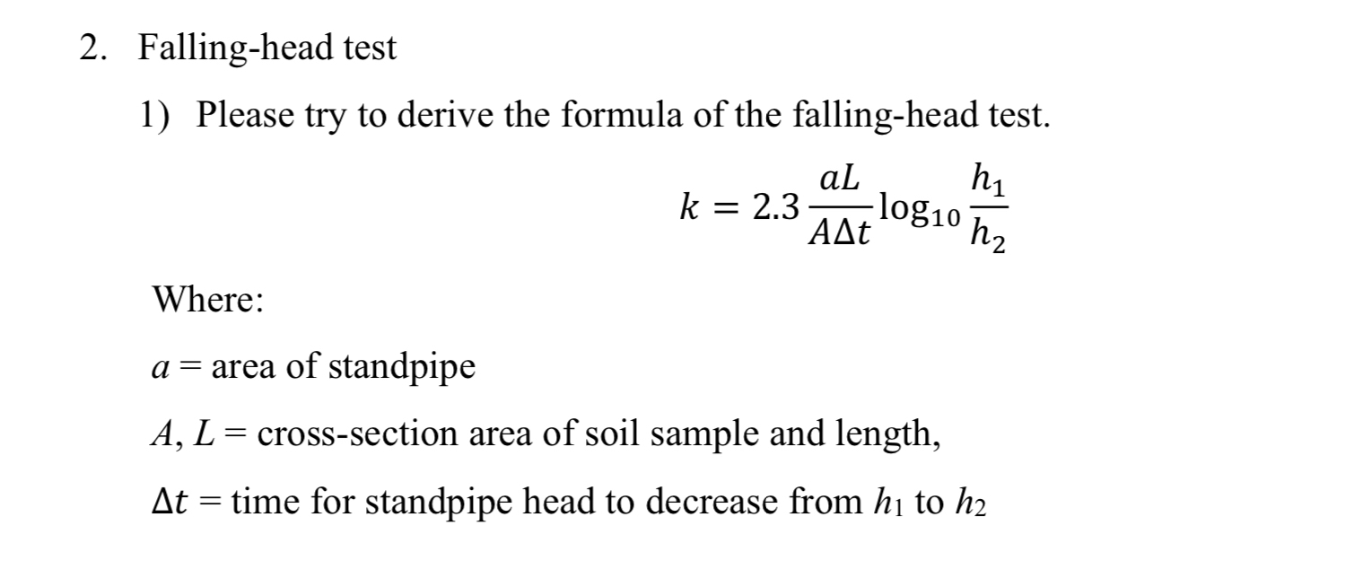 Falling - head test Please try to derive the