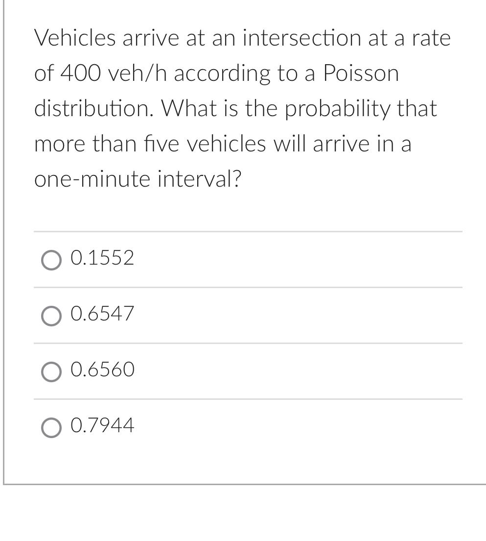 Vehicles arrive at an intersection at a rate of 4