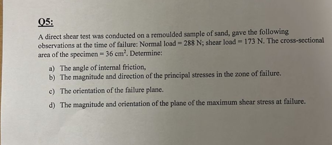 Q 5 : A direct shear test was conducted on a