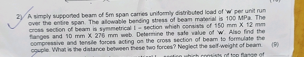 A simply supported beam of 5 m span carries
