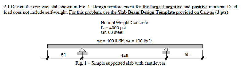 2 . 1 Design the one - way slab shown in Fig. 1 .
