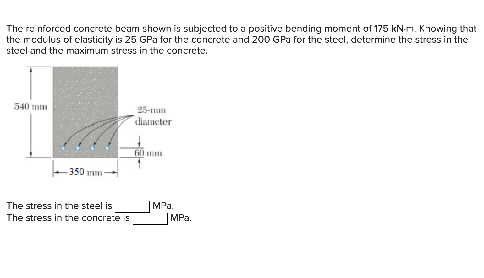 The reinforced concrete beam shown is subjected