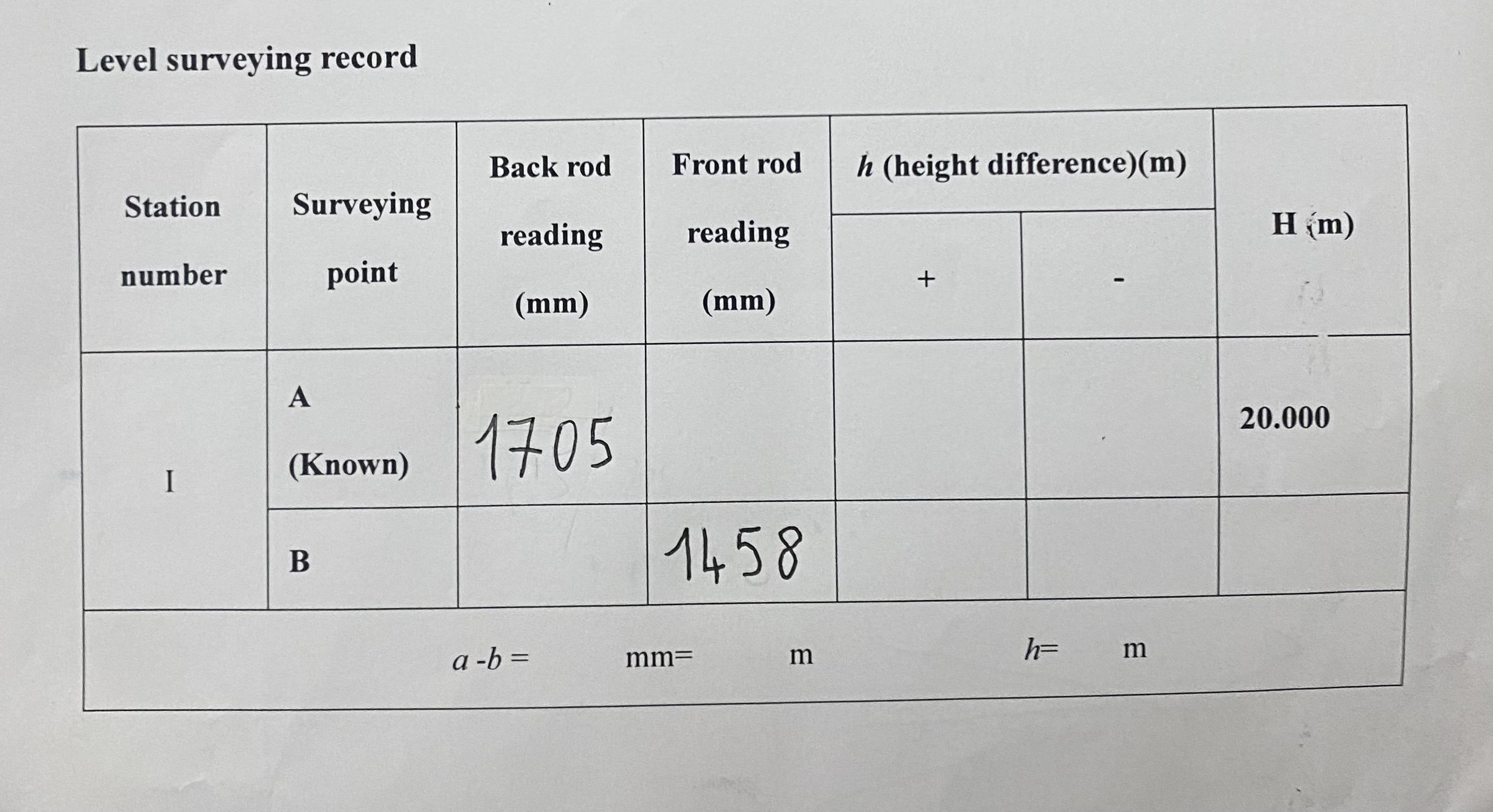 Level surveying record \ table [ [ \ table [ [