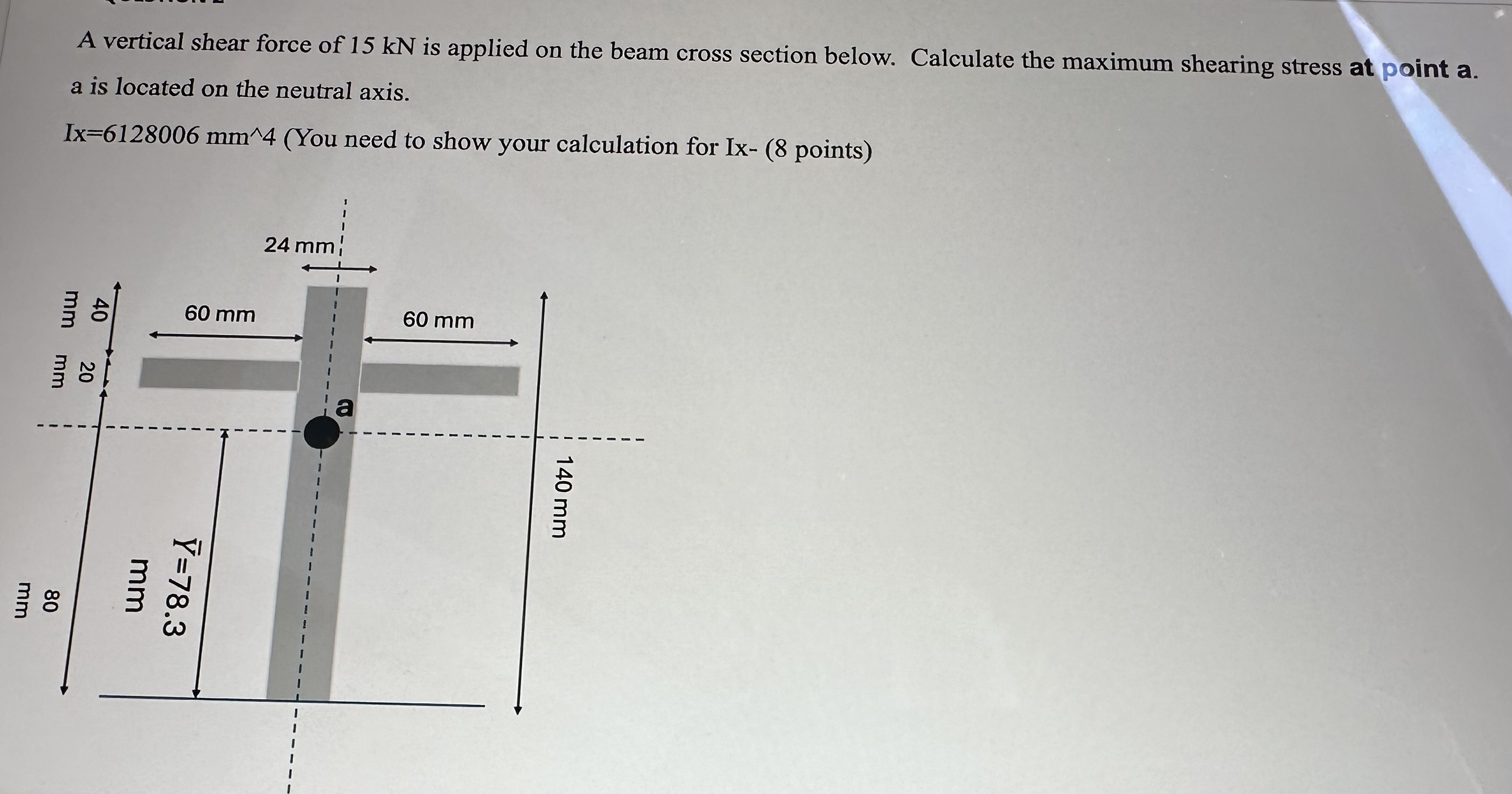 A vertical shear force of 1 5 k N is applied on