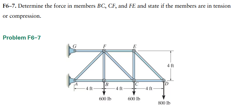 F 6 - 7 . Determine the force in members B C , C