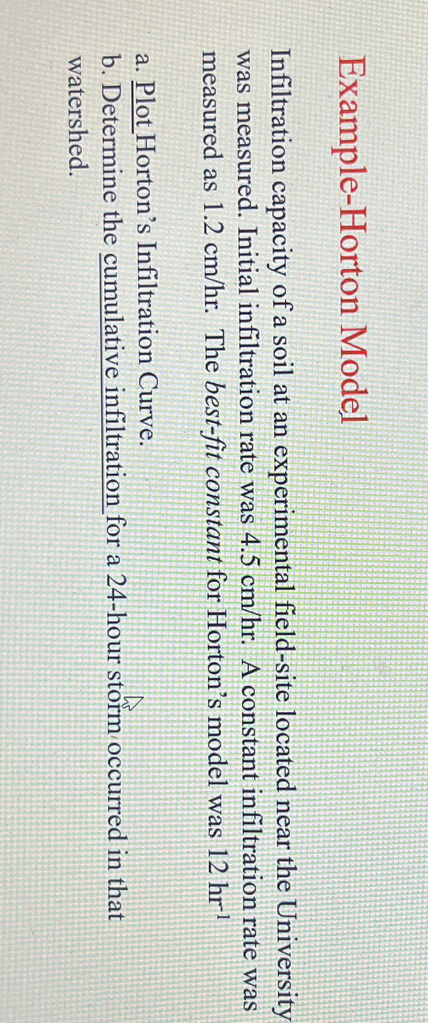 Example - Horton Model Infiltration capacity of a