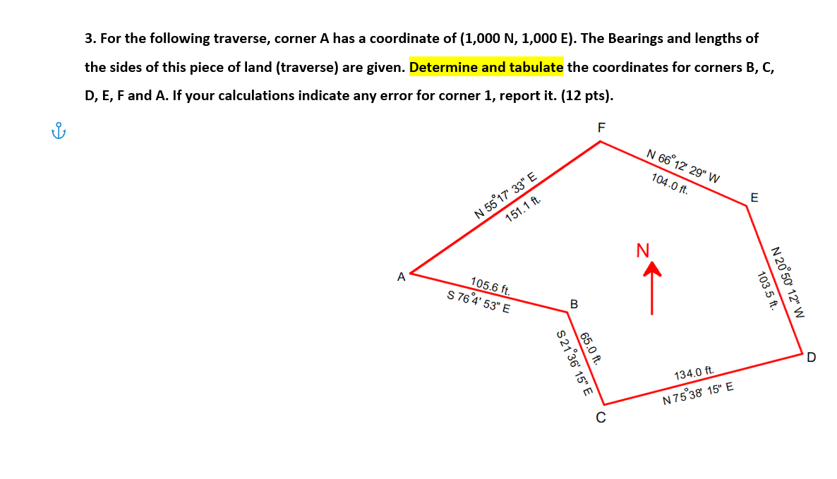 For the following traverse, corner A has a