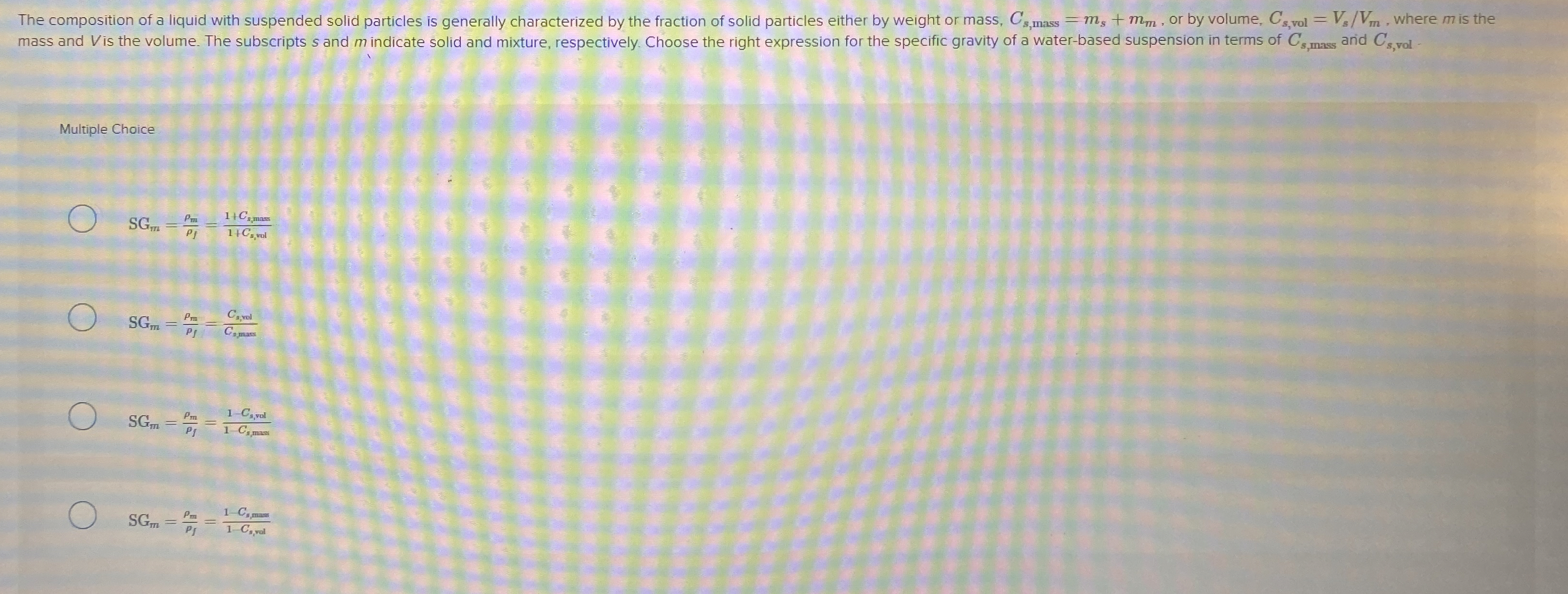 The composition of a liquid with suspended solid