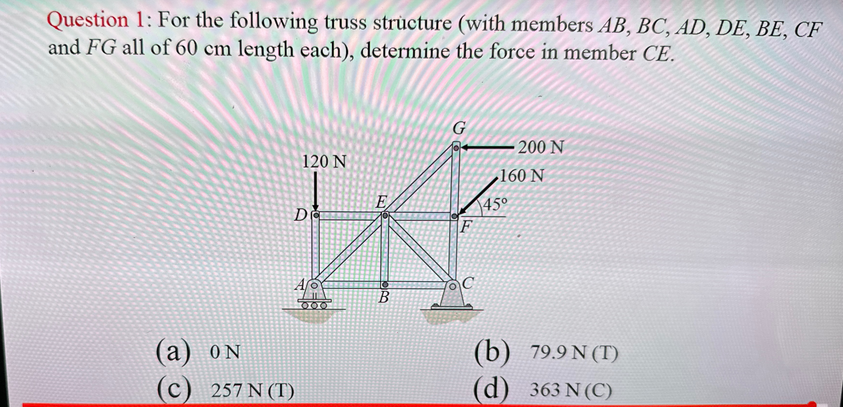 Question 1 : For the following truss structure (