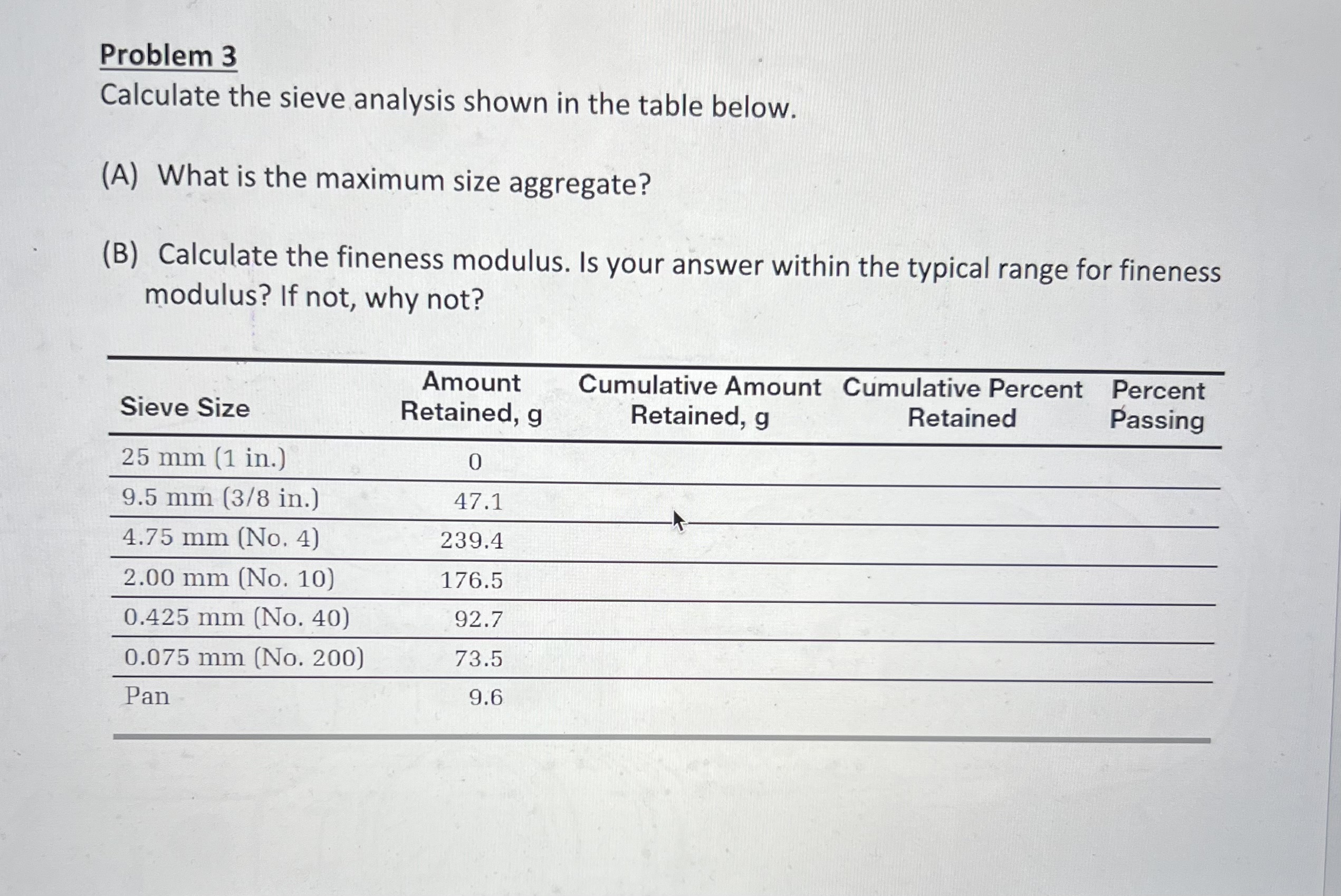 Problem 3 Calculate the sieve analysis shown in