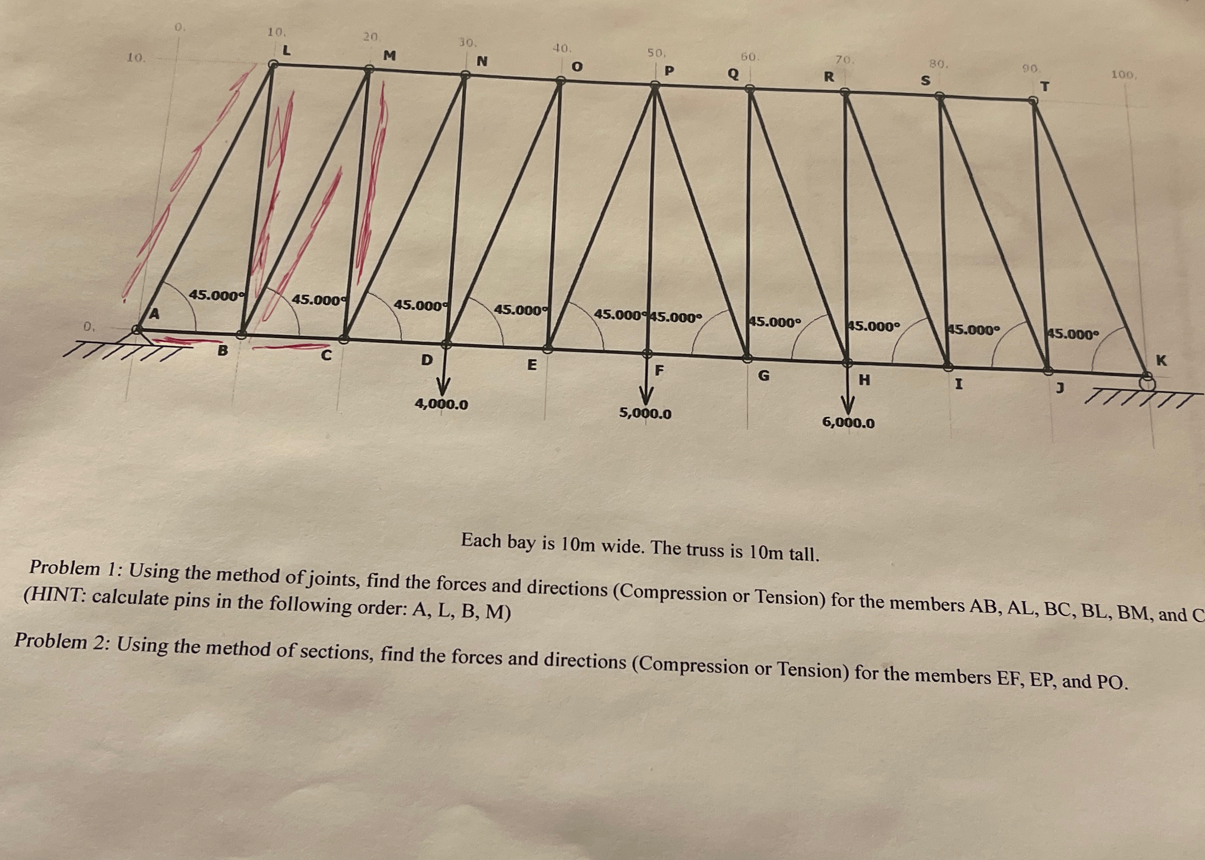 Each bay is 1 0 m wide. The truss is 1 0 m tall.