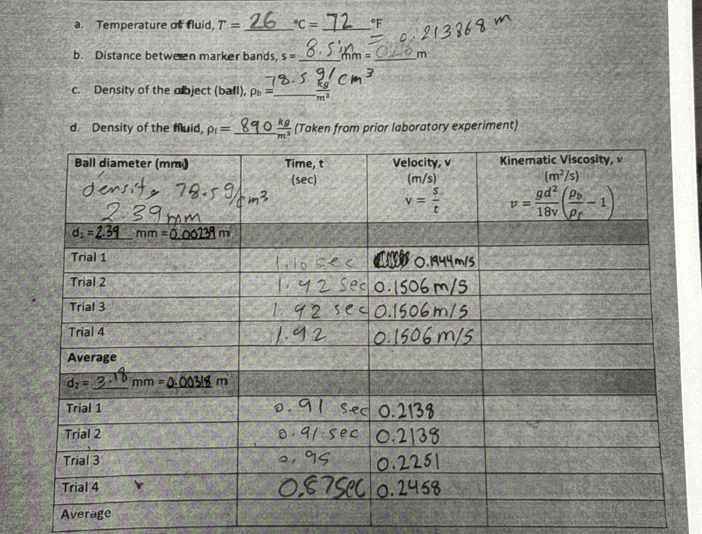 Find the Kinematic Viscosity for all of the