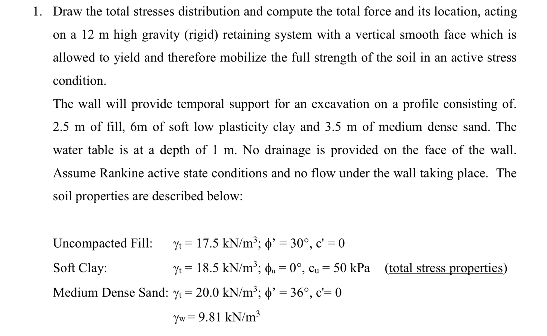 Draw the total stresses distribution and compute