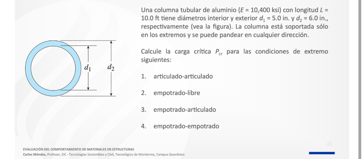 A tubular aluminum column ( E = 1 0 , 4 0 0 ksi )