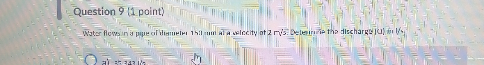 Water flows in a pipe of diameter 1 5 0 m m at a