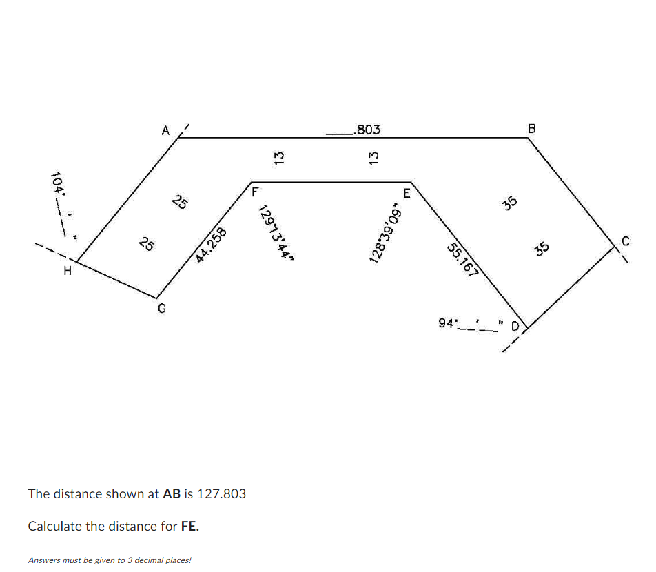 The distance shown at A B is 1 2 7 . 8 0 3