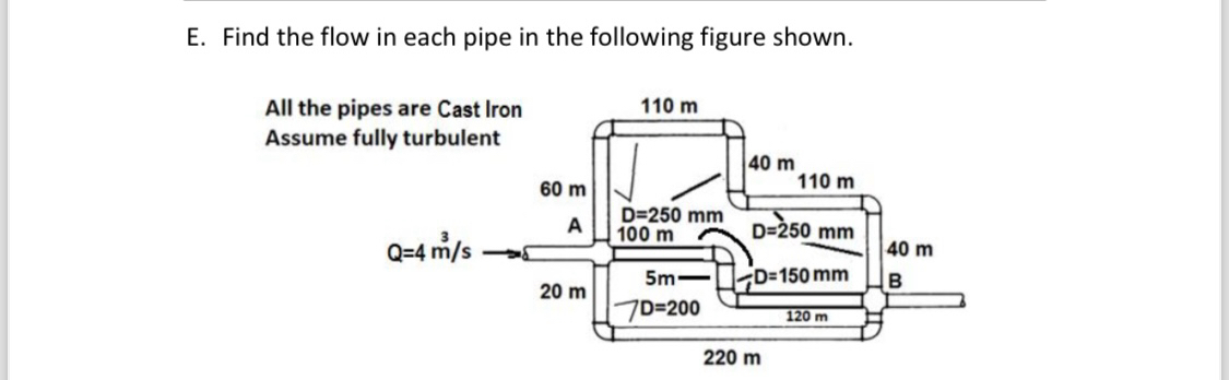 E . Find the flow in each pipe in the following