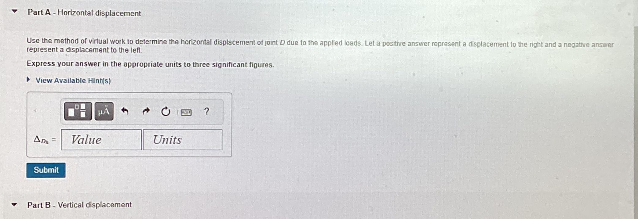 Part A - Horizontal displacement Use the method