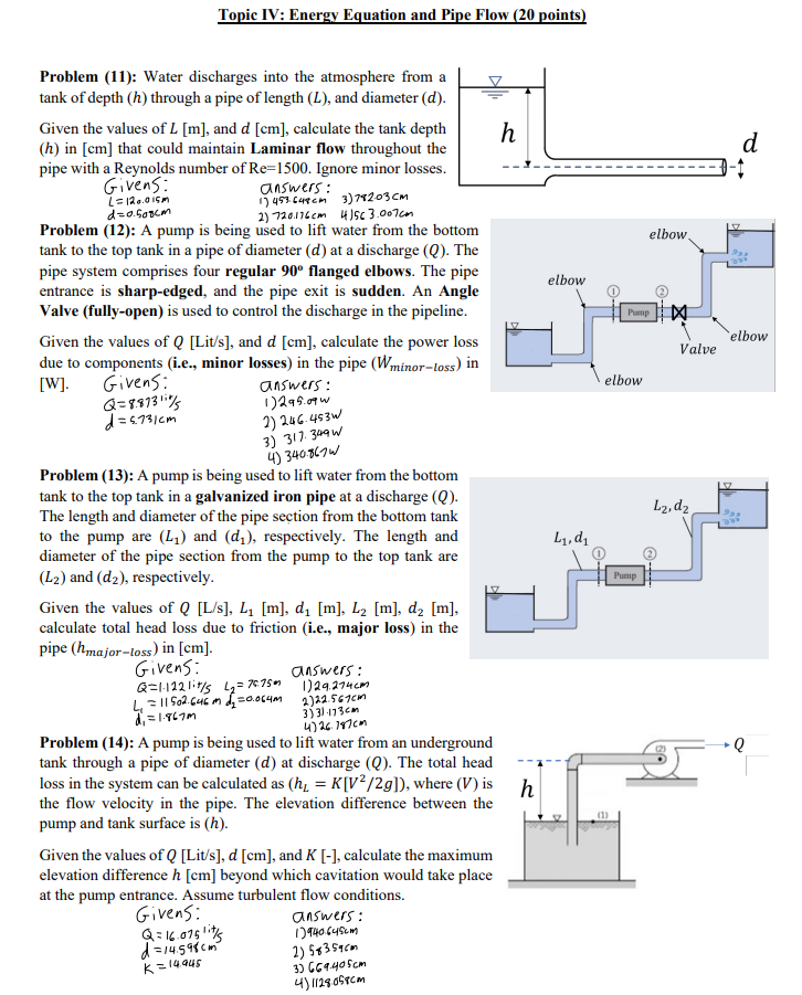 Topic IV: Energy Equation and Pipe Flow ( 2 0