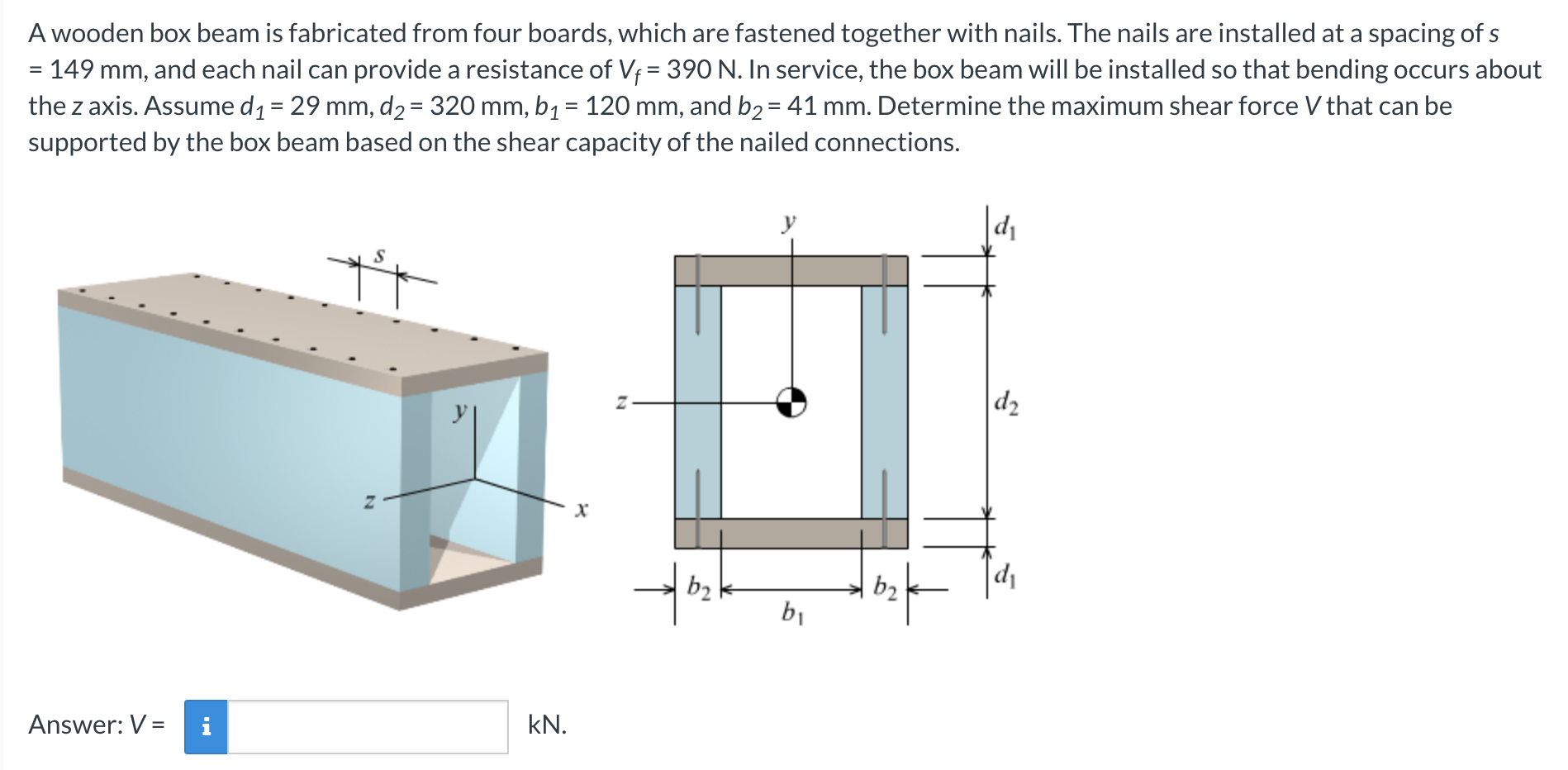 A wooden box beam is fabricated from four boards,
