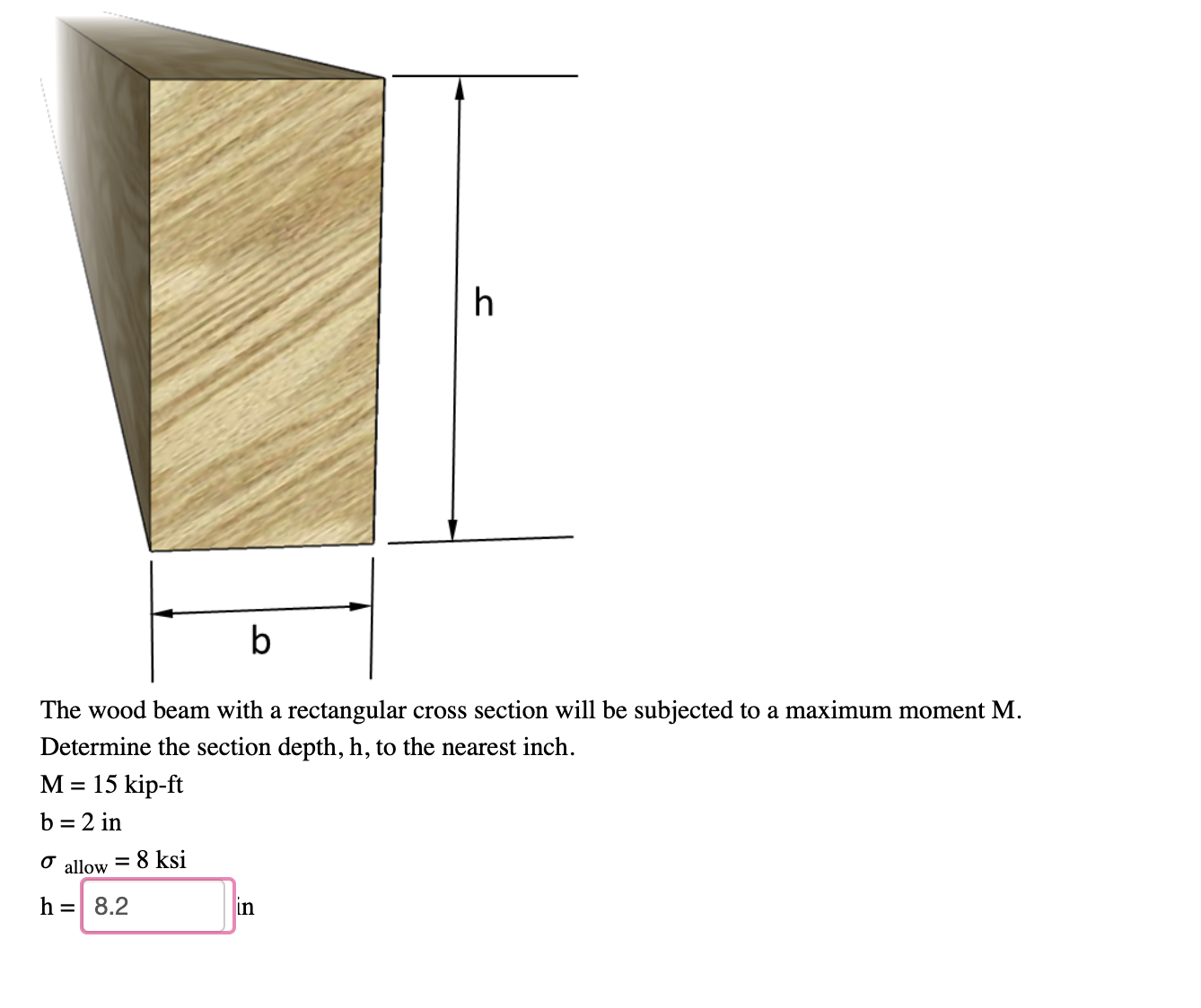The wood beam with a rectangular cross section