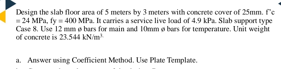 Design the slab floor area of 5 meters by 3