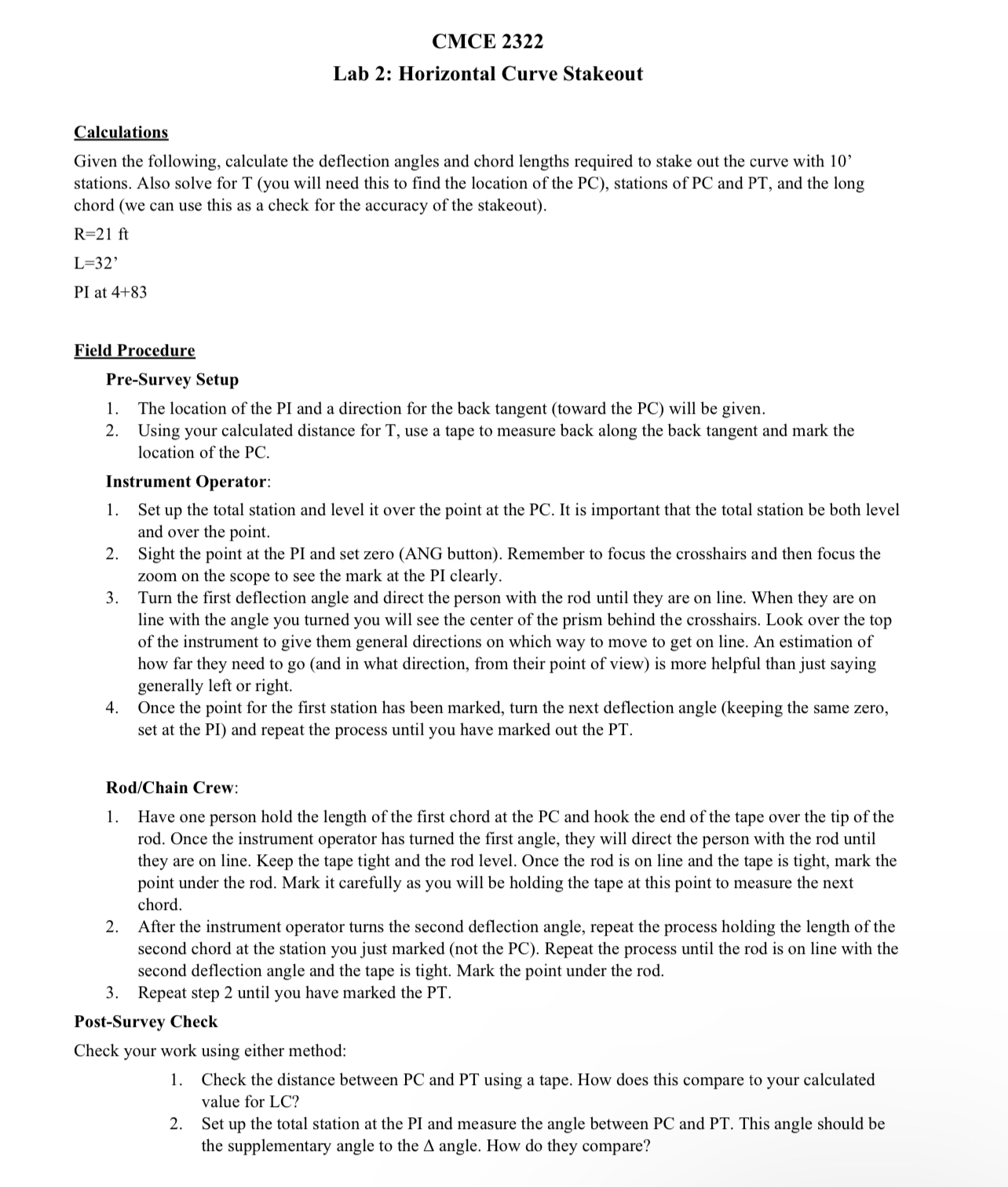 CMCE 2 3 2 2 Lab 2 : Horizontal Curve Stakeout