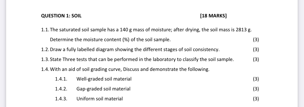 QUESTION 1 : SOIL [ 1 8 MARKS ] 1 . 1 . The
