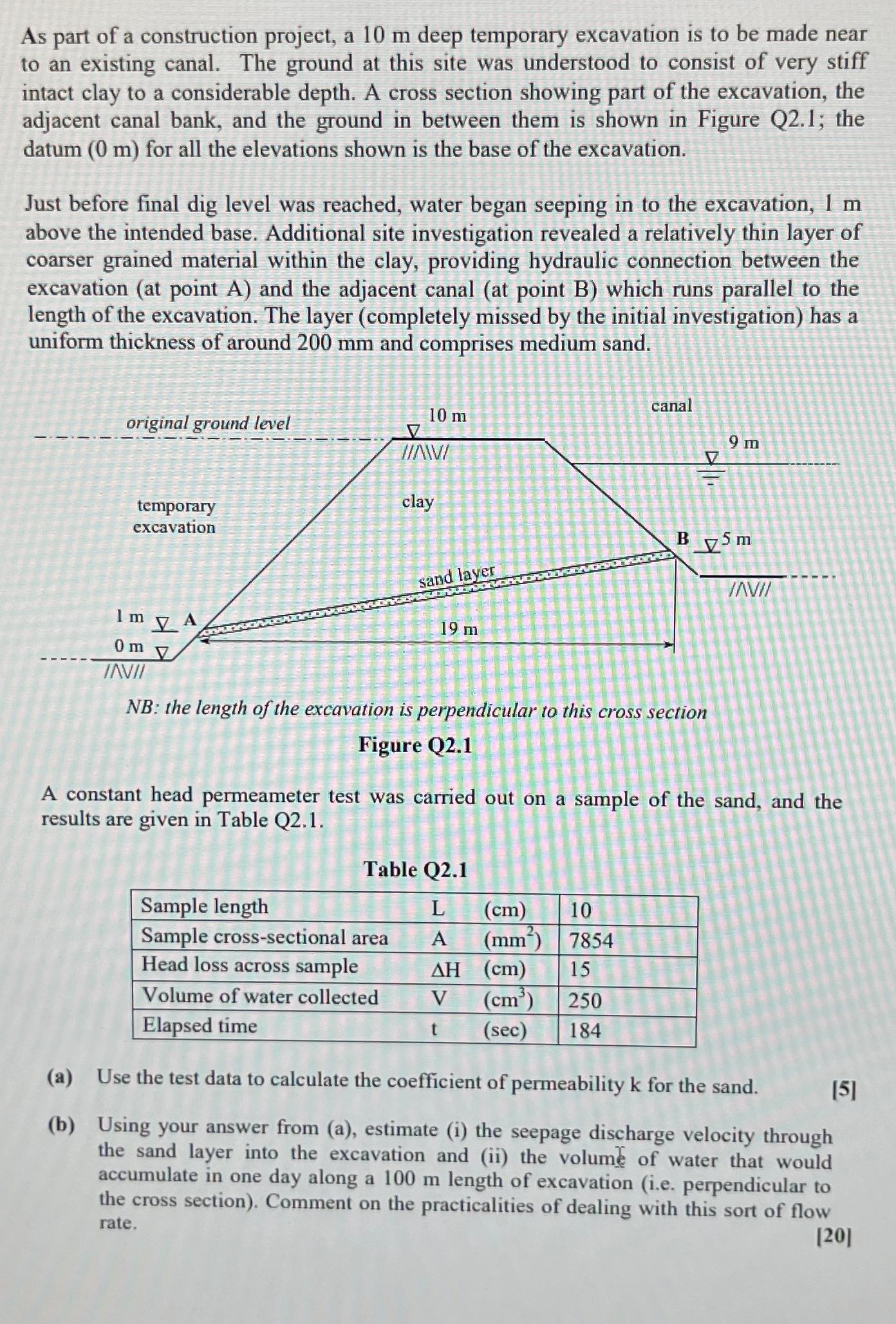 As part of a construction project, a 1 0 m deep