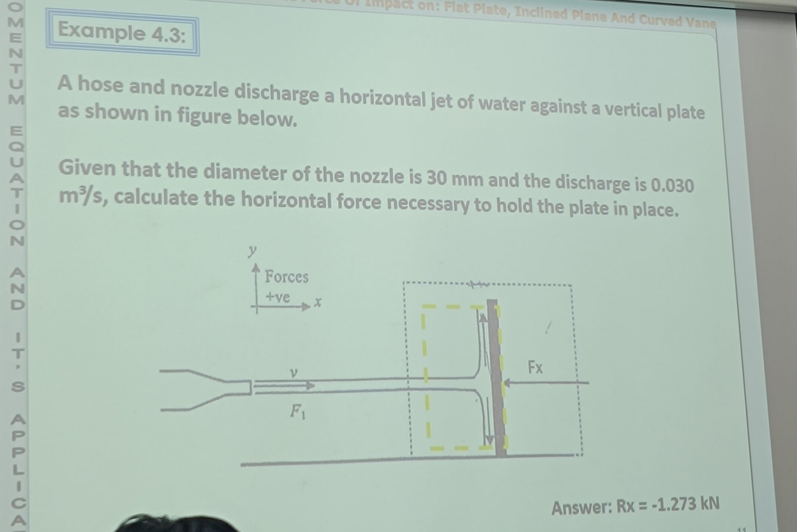 A hose and nozzle discharge a horizontal jet of