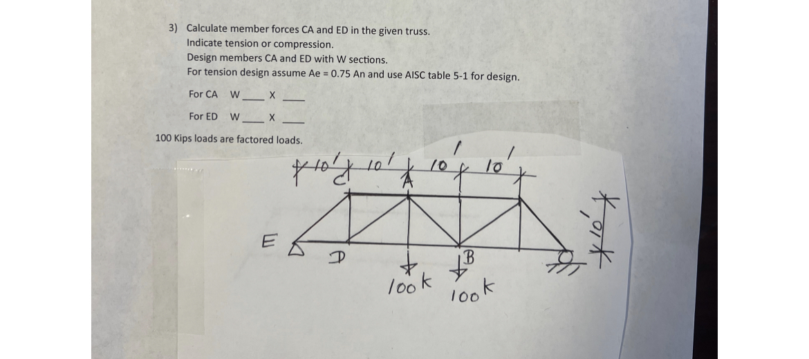 Calculate member forces C A and ED in the given