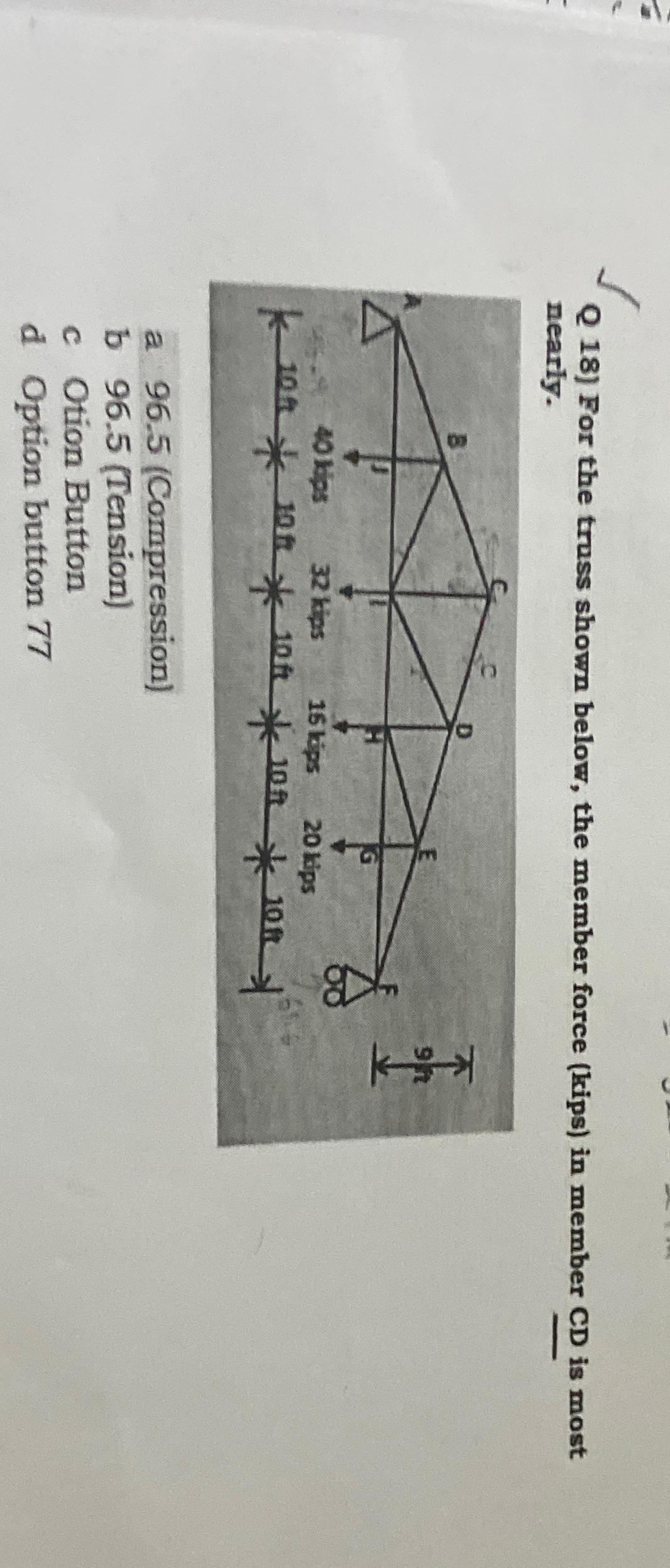 Q 1 8 ) For the truss shown below, the member