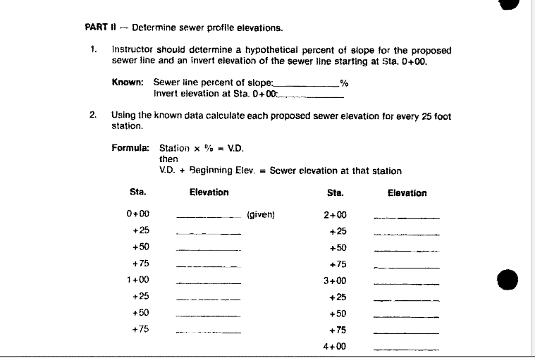 PART I - Determine sewer proflie elevations.