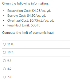 Given the following information: Excavation Cost: