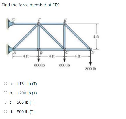 Find the force member at ED ? a . 1 1 3 1 l b ( T
