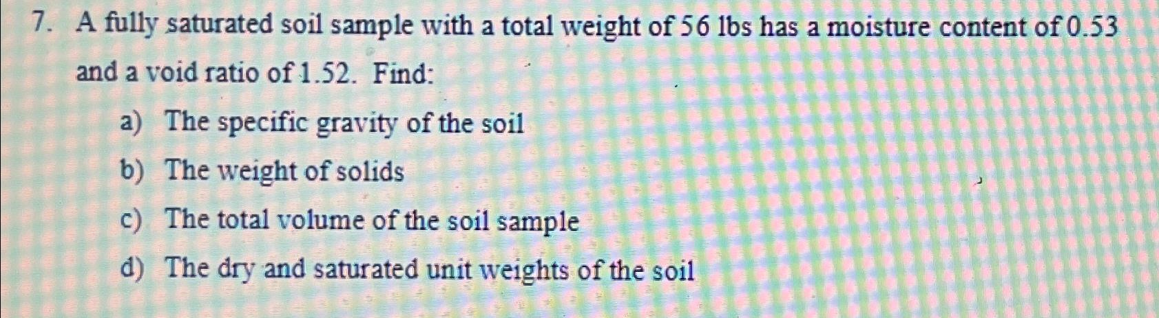 A fully saturated soil sample with a total weight