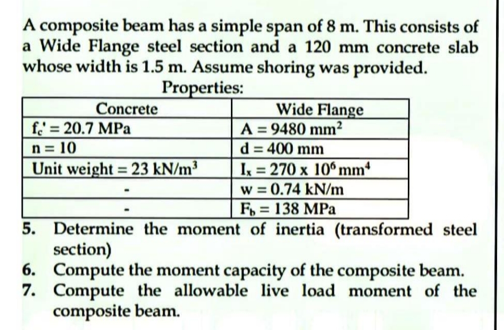 A composite beam has a simple span of 8 m . This