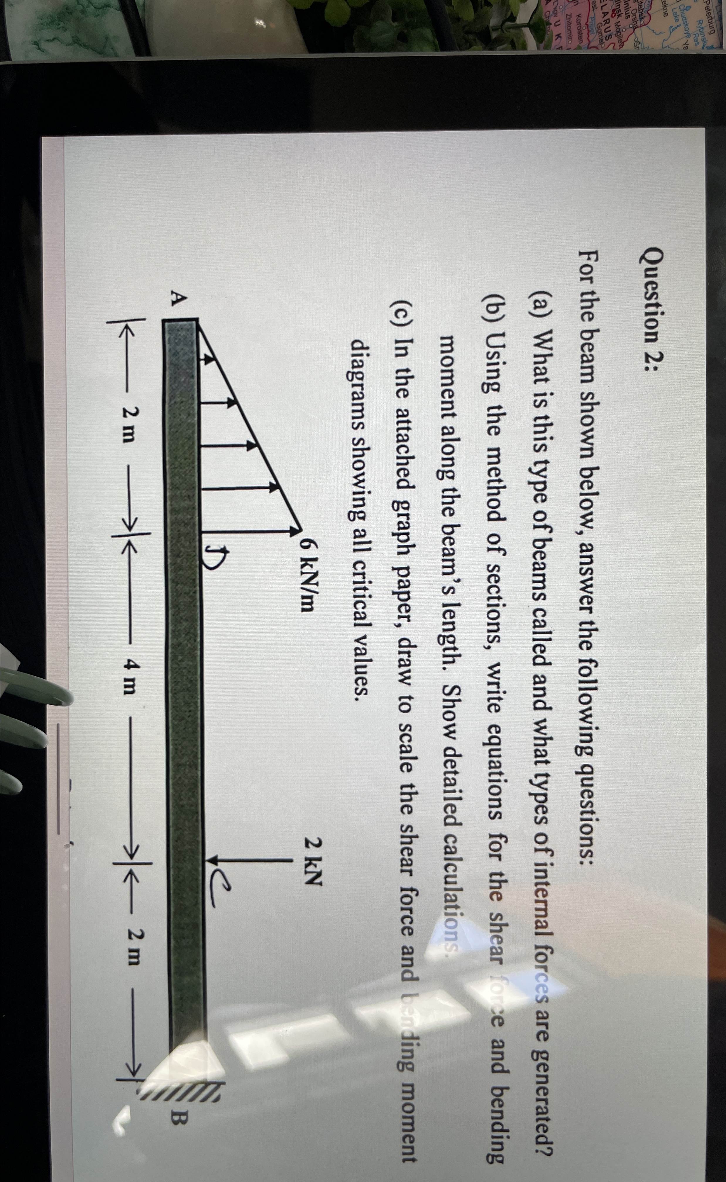 Question 2 : For the beam shown below, answer the