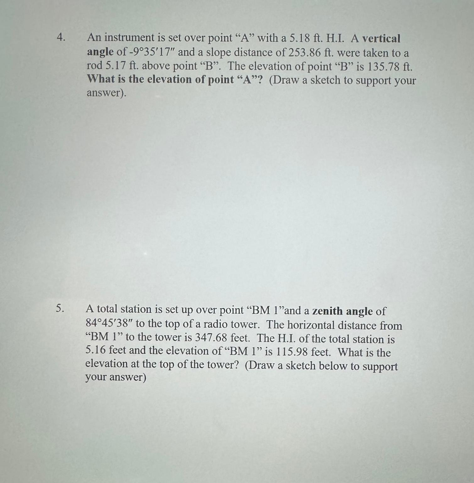An instrument is set over point " A " with a 5 .