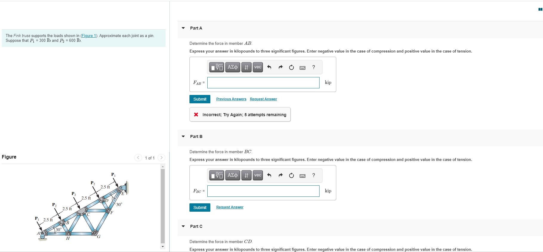 The Fink truss supports the loads shown in (