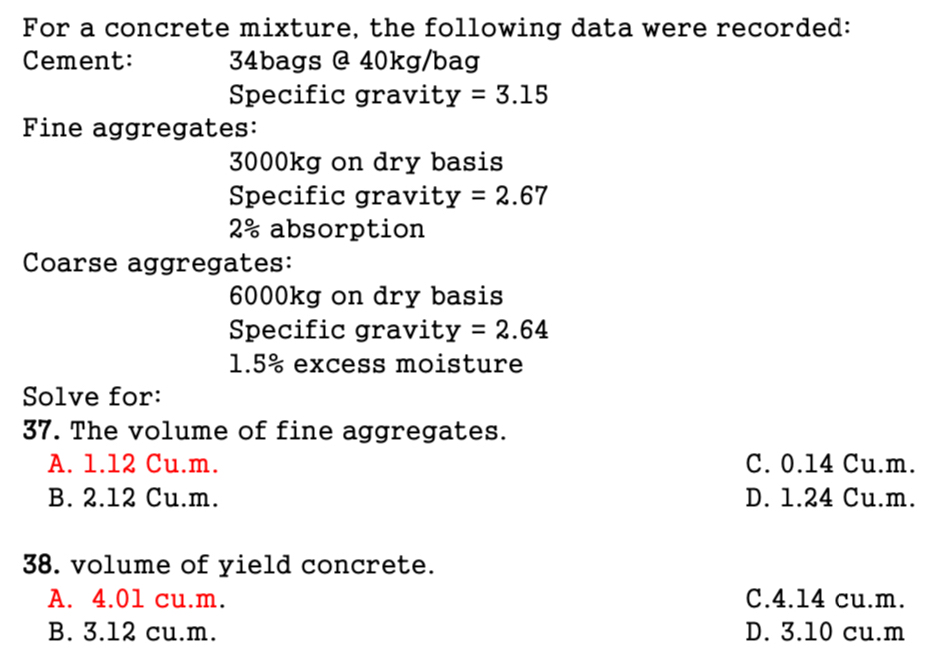 For a concrete mixture, the following data were