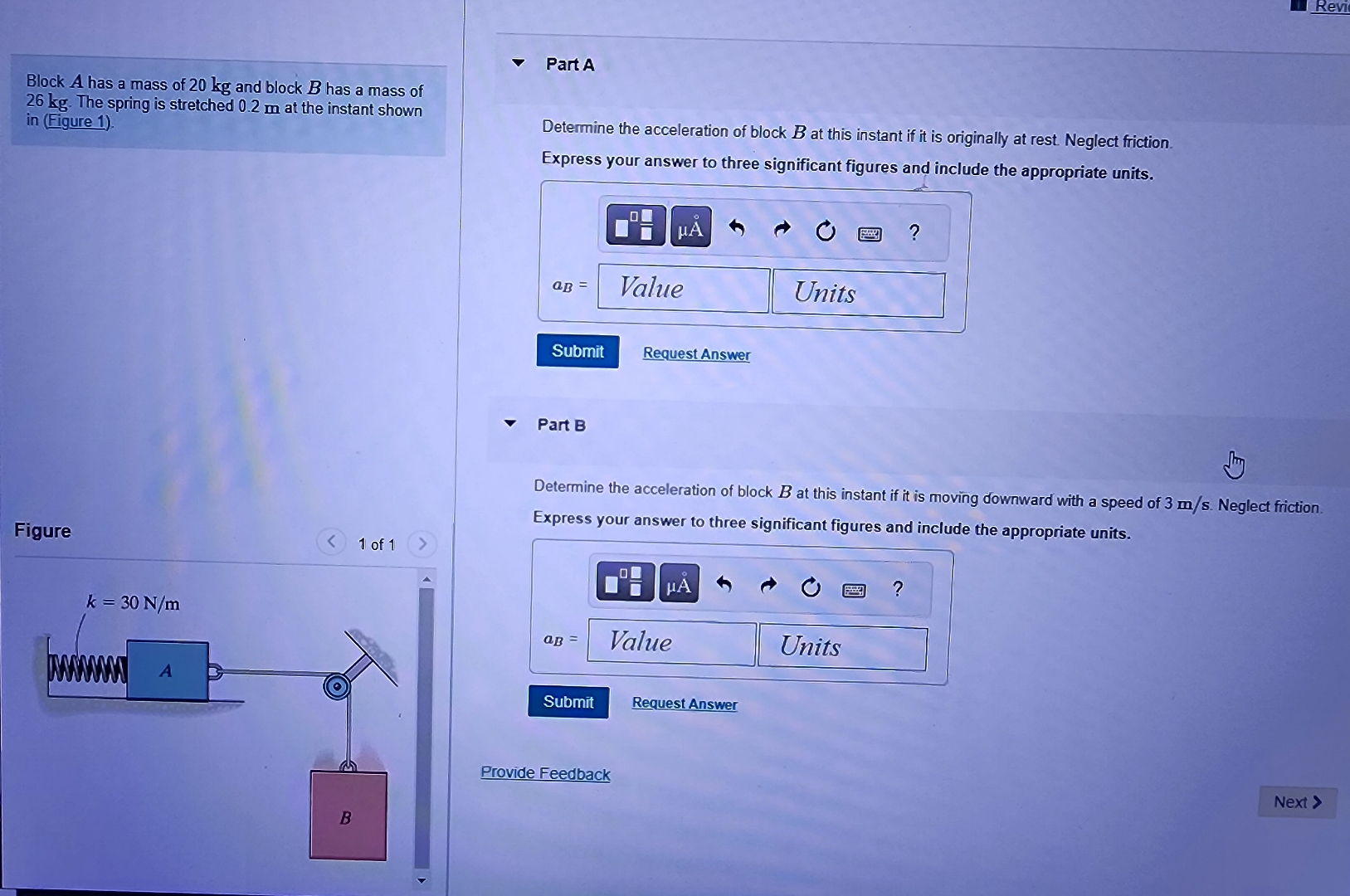 Block A has a mass of 2 0 k g and block B has a
