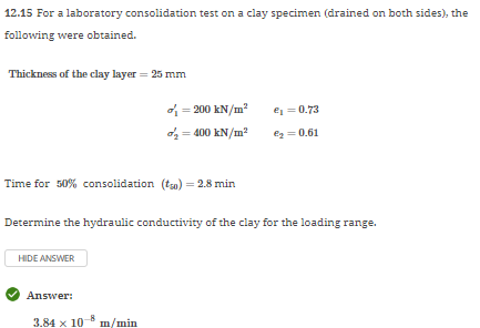 1 2 . 1 5 For a laboratory consolidation test on