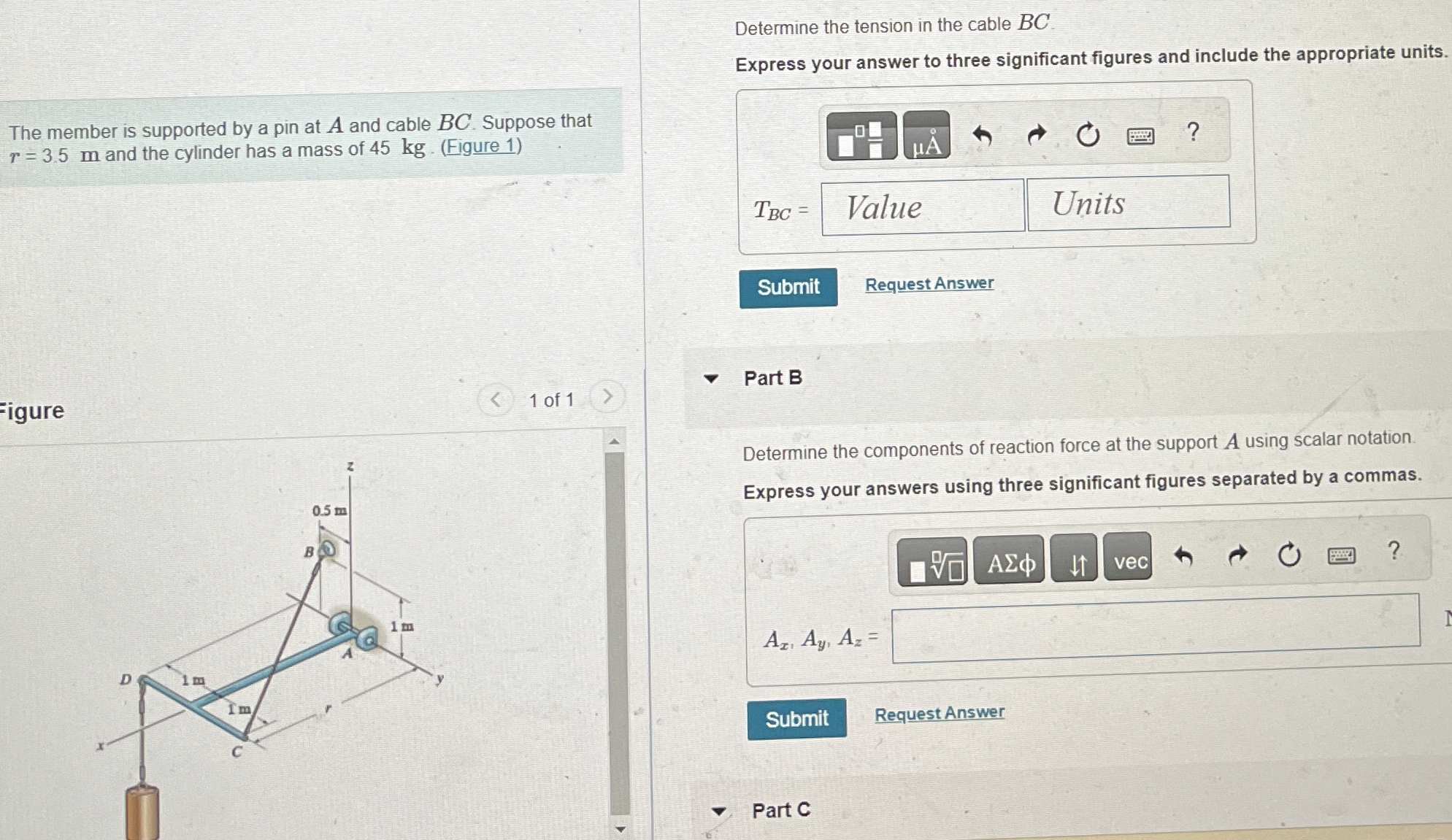 Determine the tension in the cable B C . The