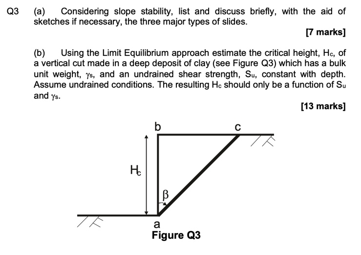 Q 3 ( a ) Considering slope stability, list and