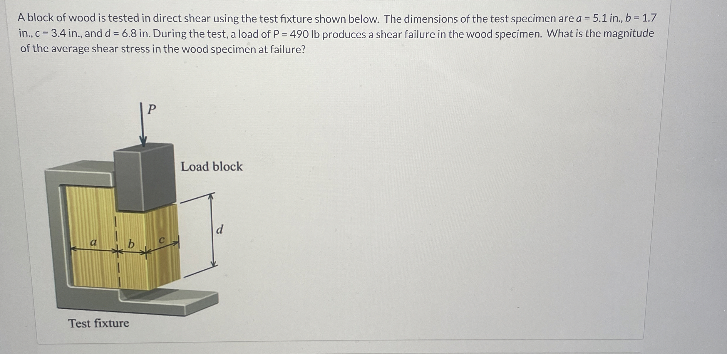 A block of wood is tested in direct shear using